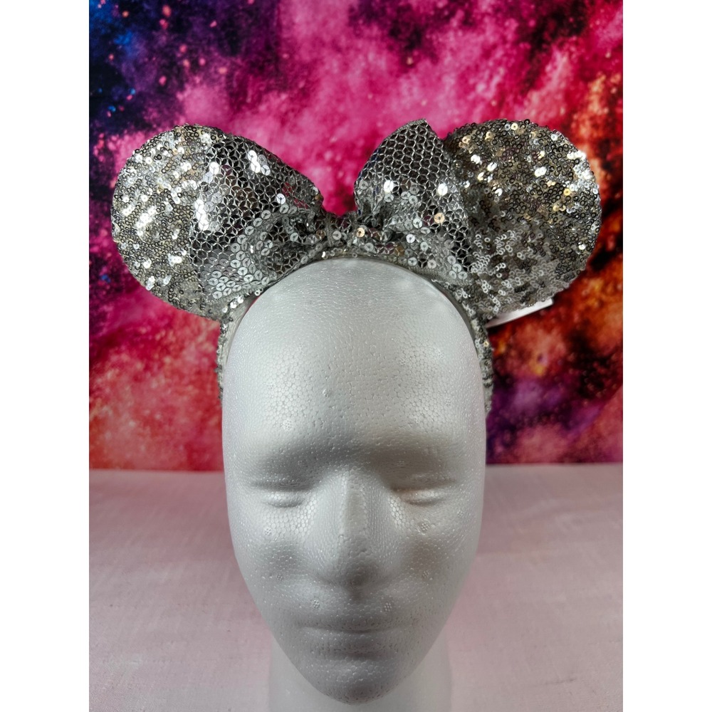 Disney Parks Minnie Mouse Ears Headband Silver Sequin Bow Authentic Original